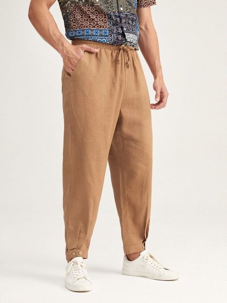 men drawstring waist button hem tapered pants d0mn#, Black
men drawstring waist button hem tapered pants d0mn#, Black