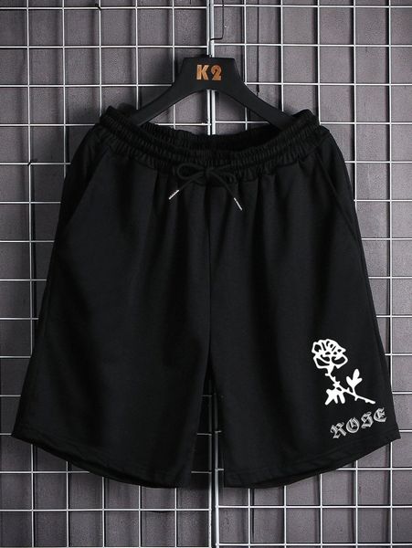 men letter & floral print drawstring waist shorts 227i#, Black