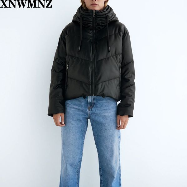 za women faux leather puffer jacket female high collar with hood long sleeves zip pockets elastic drawstring adjustable hem coat 201126, Black;brown
za women faux leather puffer jacket female high collar with hood long sleeves zip pockets elastic drawstring adjustable hem coat 201126, Black;brown