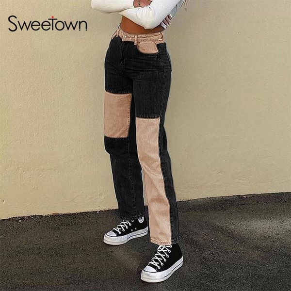 sweetown patchwork colorblock straight jeans for women punk girls' y2k streetwear trousers preppy style high waist denim pants, Blue
sweetown patchwork colorblock straight jeans for women punk girls' y2k streetwear trousers preppy style high waist denim pants, Blue