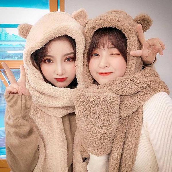 beanie/skull caps the two-piece hat and cute bear ears keep warm double-layer thickened female autumn winter scarf two-piec, Blue;gray