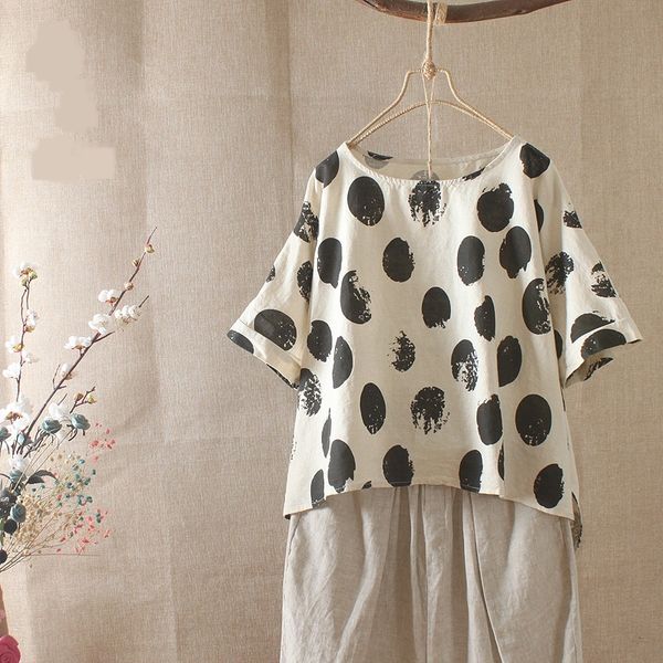 bouguer linen polka dots short sleeve t-shirt for women's summer art coat, large edition front and back cotton linen shirt, White
bouguer linen polka dots short sleeve t-shirt for women's summer art coat, large edition front and back cotton linen shirt, White