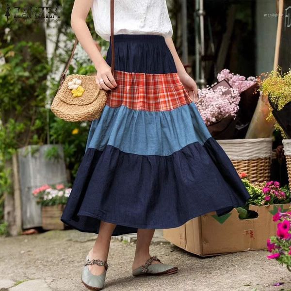 holiday bohemian zanzea femme ruffles midi skirt plaid printed women pockets elastic waist robe patchwork loose plus size 5xl1, Black 
holiday bohemian zanzea femme ruffles midi skirt plaid printed women pockets elastic waist robe patchwork loose plus size 5xl1, Black