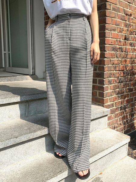 dazy houndstooth print wide leg pants t1f7#, Black;white