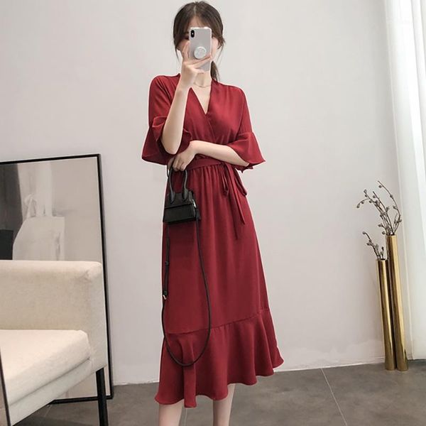 summer women elegant french style red dress flare sleeve v neck solid color waisted dresses1, Black;gray
summer women elegant french style red dress flare sleeve v neck solid color waisted dresses1, Black;gray