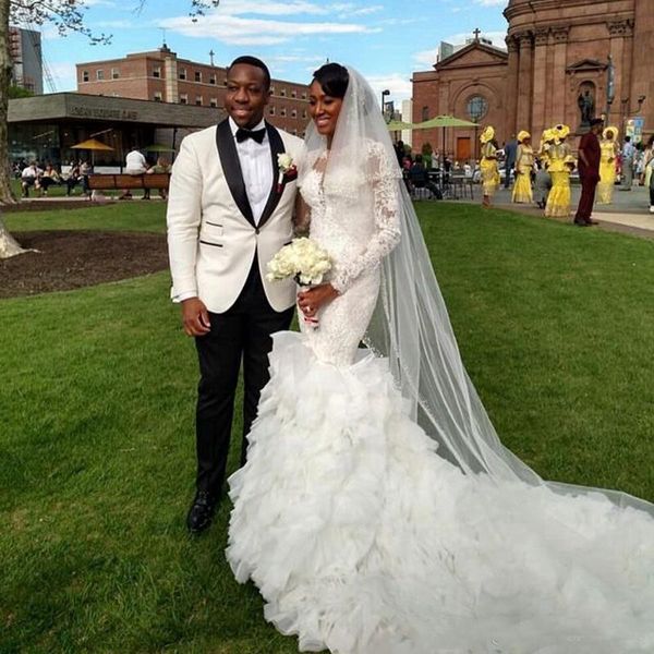 luxury african long train mermaid wedding dresses illusion lace full sleeves ruffles tiered skirt bride garden wedding dress chapel length, White
luxury african long train mermaid wedding dresses illusion lace full sleeves ruffles tiered skirt bride garden wedding dress chapel length, White
