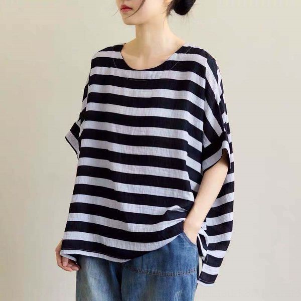 oversized coat t-shirt loose artistic quarter sleeve thin t-shirt women's summer new striped crew neck casual 7zvwl, White 
oversized coat t-shirt loose artistic quarter sleeve thin t-shirt women's summer new striped crew neck casual 7zvwl, White