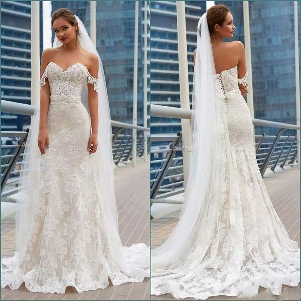 charming mermaid wedding dresses off shoulder full applique bridal gowns with sash lace up floor length vintage robe de mariee, White
charming mermaid wedding dresses off shoulder full applique bridal gowns with sash lace up floor length vintage robe de mariee, White