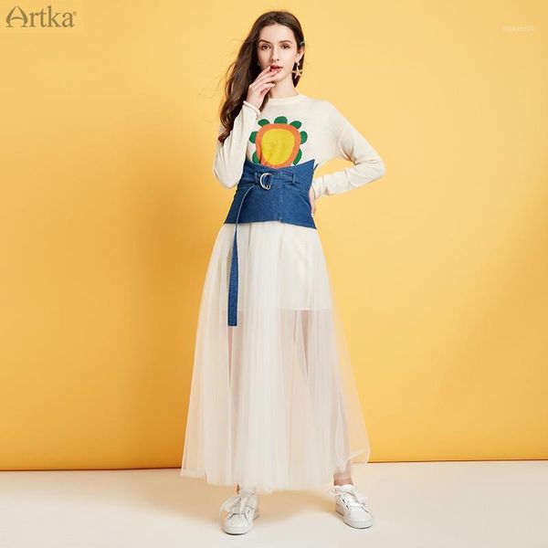 artka 2020 spring summer new women skirt elegant white thin mesh denim patchwork skirts adjustable belt long skirt qa25101x1, Black 
artka 2020 spring summer new women skirt elegant white thin mesh denim patchwork skirts adjustable belt long skirt qa25101x1, Black