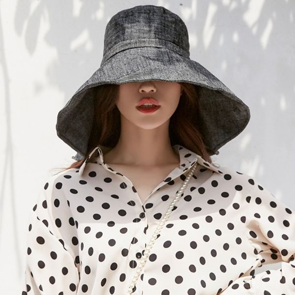 ht2365 women summer sun cotton linen wide brim ladies flat bucket panama female anti-uv beach hat y200714, Blue;gray
ht2365 women summer sun cotton linen wide brim ladies flat bucket panama female anti-uv beach hat y200714, Blue;gray