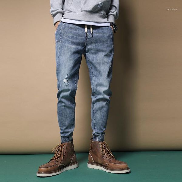 men blue ripped jeans summer casual elastic waist drawstring ankle-length pants streetwear cotton stretch denim trousers1
men blue ripped jeans summer casual elastic waist drawstring ankle-length pants streetwear cotton stretch denim trousers1