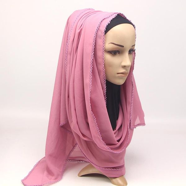scarves 75*180cm elegant style solid ladies monochrome lace stitching turban muslim pearl chiffon headscarf gauze scarf, Blue;gray 
scarves 75*180cm elegant style solid ladies monochrome lace stitching turban muslim pearl chiffon headscarf gauze scarf, Blue;gray