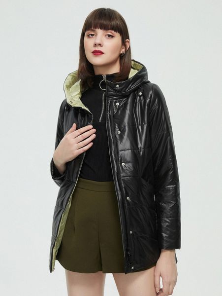 zip & button placket hooded winter coat f1r5#, Black