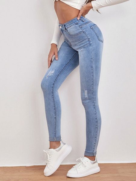 high waist ripped detail skinny jeans q9ms#, Blue