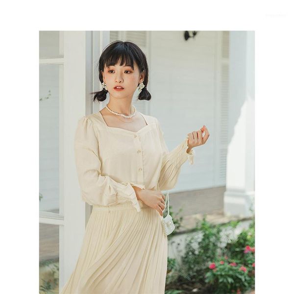inman 2020 spring new arrival literary retro square neck plated loose long sleeve women blouse1, White