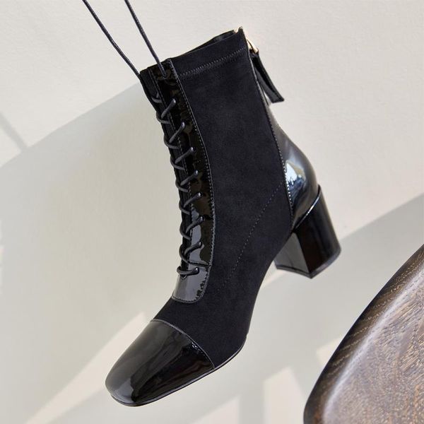 patchwork genuine leather boots concise cross tied square toe high heel ankle boots shoes for women winter party shoes woman, Black
patchwork genuine leather boots concise cross tied square toe high heel ankle boots shoes for women winter party shoes woman, Black