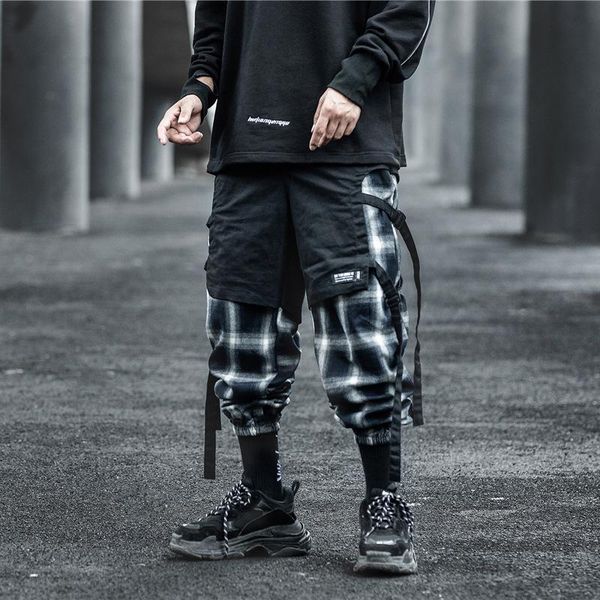 men's pants patchwork ribbons hip hop plaid techwear for men casual pencil tooling cargo autumn streetwear sporty trousers bottoms, Black 
men's pants patchwork ribbons hip hop plaid techwear for men casual pencil tooling cargo autumn streetwear sporty trousers bottoms, Black