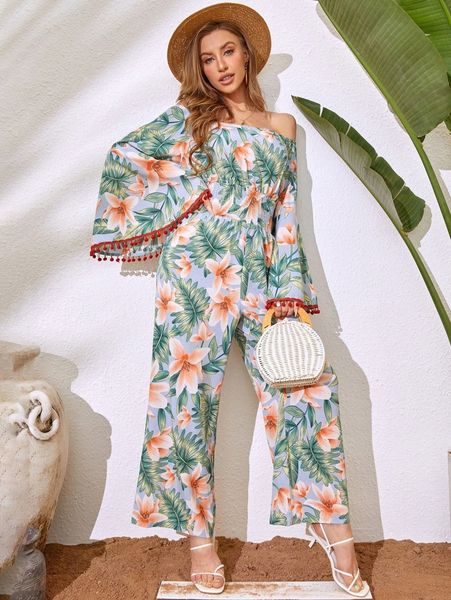 tropical print shirred off shoulder flounce sleeve pom pom trim jumpsuit v5ed#, White
tropical print shirred off shoulder flounce sleeve pom pom trim jumpsuit v5ed#, White