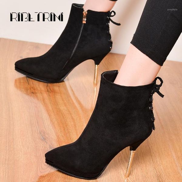 

boots ribetrini thin high heels ankle women flock pointed toe platform female shoes lace woman women1, Black