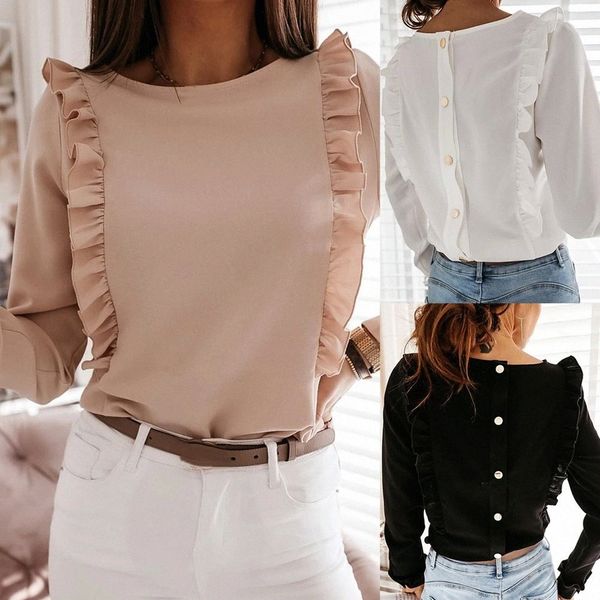 women casual solid color long sleeve ruffled edge back shirt #ix29, White
women casual solid color long sleeve ruffled edge back shirt #ix29, White