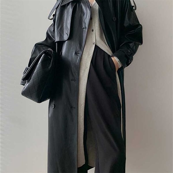 lautaro autumn long oversized black faux leather trench coat for women raglan long sleeve double breasted brown korean fashion 220112
lautaro autumn long oversized black faux leather trench coat for women raglan long sleeve double breasted brown korean fashion 220112