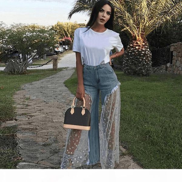 2020 women wide leg pants sheer mesh star print splice denim pants high waist casual loose pants jeans fashion party trousers, Blue
2020 women wide leg pants sheer mesh star print splice denim pants high waist casual loose pants jeans fashion party trousers, Blue