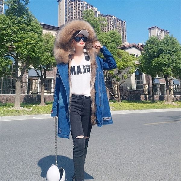 women rabbit liner, raccoon collar coat woman parkas, thickened winter denim fur jacket long 201103, Black
women rabbit liner, raccoon collar coat woman parkas, thickened winter denim fur jacket long 201103, Black