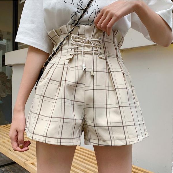 women's shorts summer high waist lace up loose casual plaid women1, White;black
women's shorts summer high waist lace up loose casual plaid women1, White;black