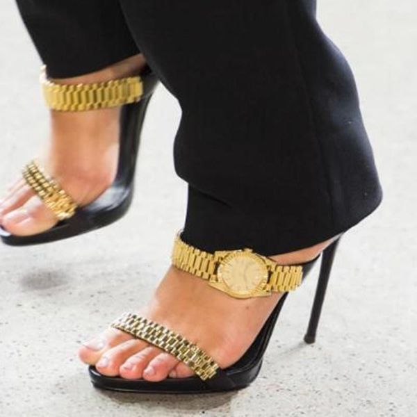 luxury gold watch strap sandals studded metal chain decor gladiator dress shoes hollow high heel party dress shoes size, Black
luxury gold watch strap sandals studded metal chain decor gladiator dress shoes hollow high heel party dress shoes size, Black