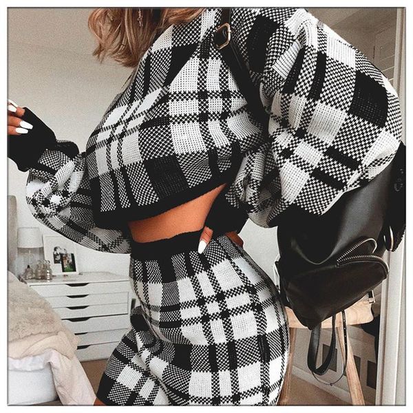 women's tracksuits plaid knitted crop autumn dress women llong sleeve winter sweater female fashion party mini 2021, Gray 
women's tracksuits plaid knitted crop autumn dress women llong sleeve winter sweater female fashion party mini 2021, Gray
