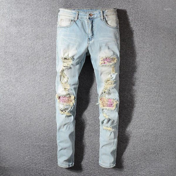 fashion streetwear men jeans retro blue wash slim fit elastic ripped jeans men patchwork denim broken pants hip hop hombre1
fashion streetwear men jeans retro blue wash slim fit elastic ripped jeans men patchwork denim broken pants hip hop hombre1