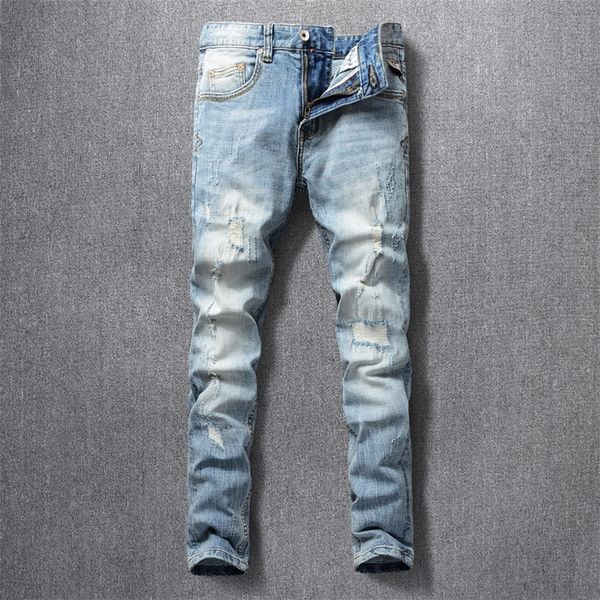 italian style fashion men jeans retro light blue elastic slim fit ripped denim trousers patchwork vintage designer pants homme 201118
italian style fashion men jeans retro light blue elastic slim fit ripped denim trousers patchwork vintage designer pants homme 201118