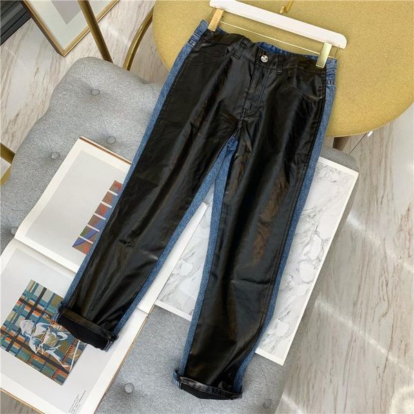women's jeans women denim splice leather high waist straig calf-length pants spring autumn, Blue
women's jeans women denim splice leather high waist straig calf-length pants spring autumn, Blue