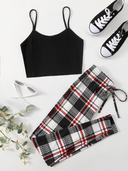 rib-knit cami and knotted plaid leggings set h3b6#, White
rib-knit cami and knotted plaid leggings set h3b6#, White