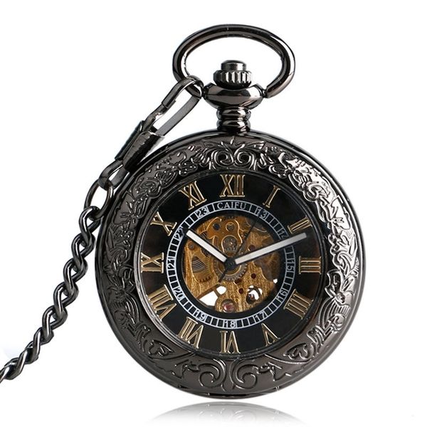 luxury mechanical pocket watch mens carving transparent glass cover winding fashion automatic steampunk exquisite fob watch gift t200502, Slivery;golden