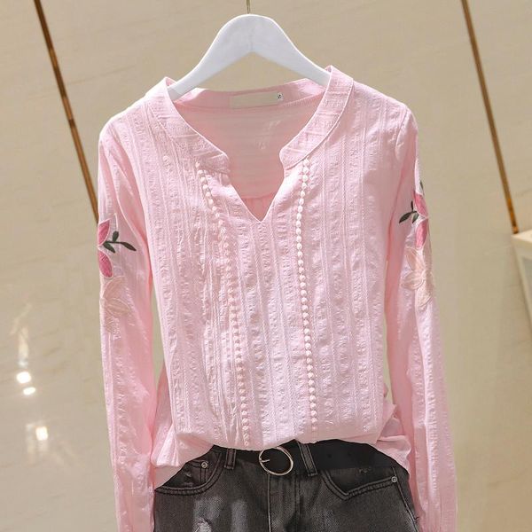 100% cotton embroidery women blouse autumn new v-neck long-sleeved solid casual female pulls outwear, White
100% cotton embroidery women blouse autumn new v-neck long-sleeved solid casual female pulls outwear, White