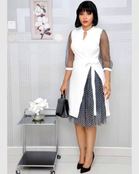 european and american large-size women's 2021 fashion v-collar spliced dot mesh forked dress in africa, Black;gray
european and american large-size women's 2021 fashion v-collar spliced dot mesh forked dress in africa, Black;gray
