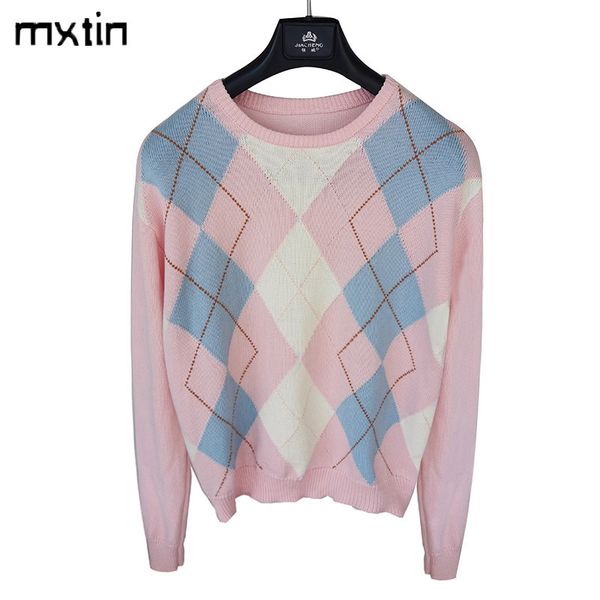 women vintage fashion pink blue geometric rhombic knitted sweater o neck long sleeve england style female casual chic 201130, White;black
women vintage fashion pink blue geometric rhombic knitted sweater o neck long sleeve england style female casual chic 201130, White;black
