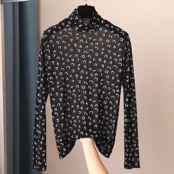 letter print slim fitting long sleeve high neck with versatile lace stretch mesh t-shirt for women 1015, White
letter print slim fitting long sleeve high neck with versatile lace stretch mesh t-shirt for women 1015, White