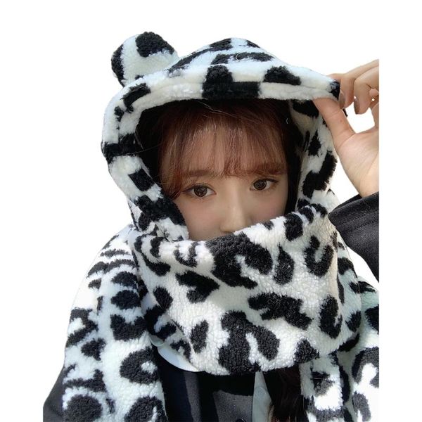 women winter warm fuzzy plush scarf hooded hat bear ears cow print earflap cap, Blue;gray
women winter warm fuzzy plush scarf hooded hat bear ears cow print earflap cap, Blue;gray