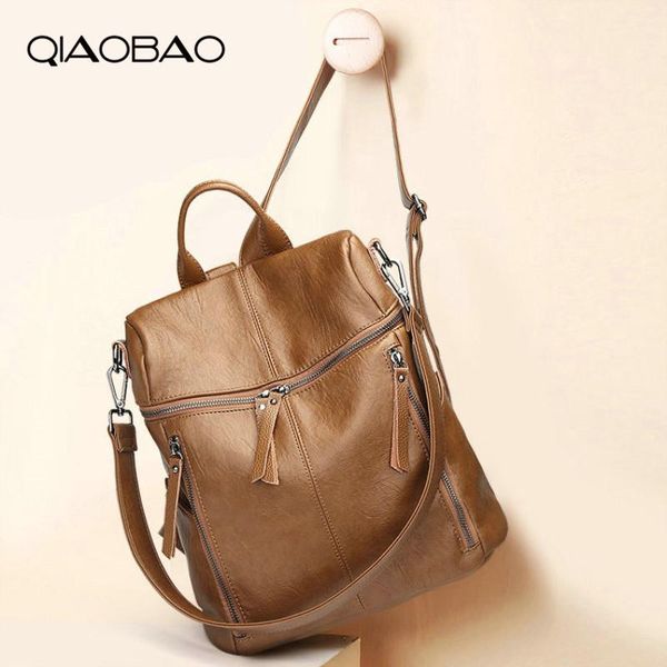 qiaobao fashion cowhide leather backpack women large capacity school bag for girls leisure shoulder travel bags for female