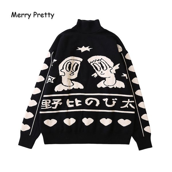 merry pretty women's cartoon embroidery knitted sweaters and pullovers winter thick girls knit jumpe harajuku sweater jacquard lj201112, White;black