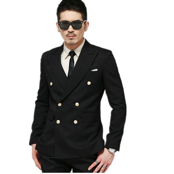 double breasted casual men suits 2 piece slim fit black wedding tuxedo for groomsmen male fashion costume jacket with pants, White;black
double breasted casual men suits 2 piece slim fit black wedding tuxedo for groomsmen male fashion costume jacket with pants, White;black