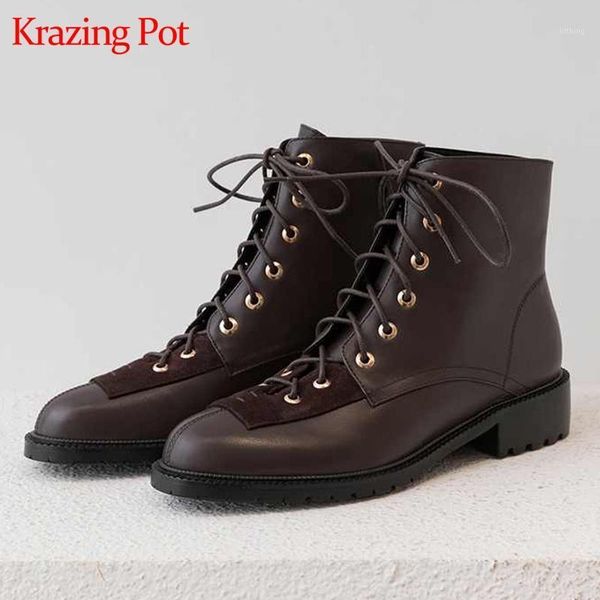 krazing pot new genuine leather lace up european concise career mature neutral design rivets round toe med heels ankle boots l181, Black
krazing pot new genuine leather lace up european concise career mature neutral design rivets round toe med heels ankle boots l181, Black