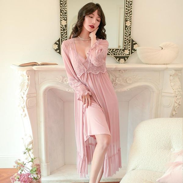 ladies court style lace modal long robe spaghetti strap nightdress suits 2pcs elegant retro female lounge set soft homewear, Black;red
ladies court style lace modal long robe spaghetti strap nightdress suits 2pcs elegant retro female lounge set soft homewear, Black;red