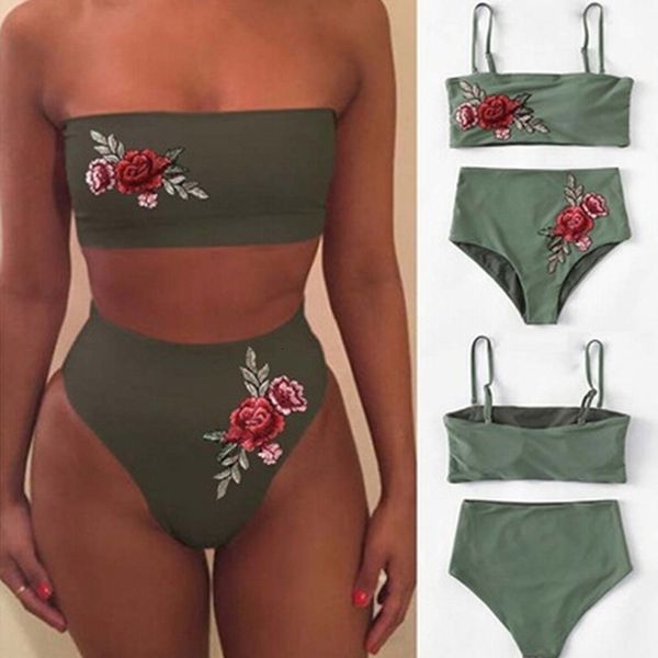 women's fashion summer embroidered rose high waist bikini suit two piece swimsuit, White;black
women's fashion summer embroidered rose high waist bikini suit two piece swimsuit, White;black