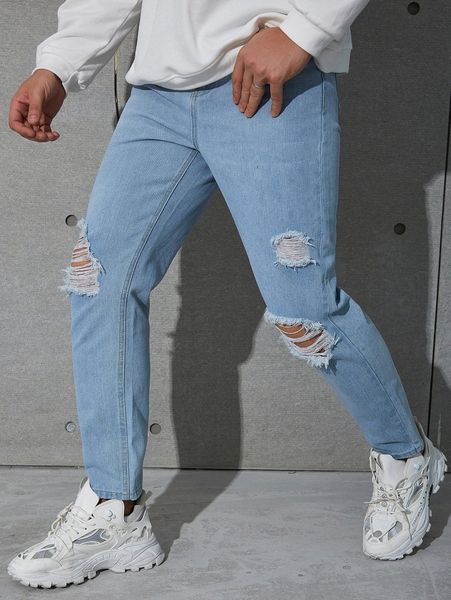 men slant pocket ripped jeans a2af#, Blue
