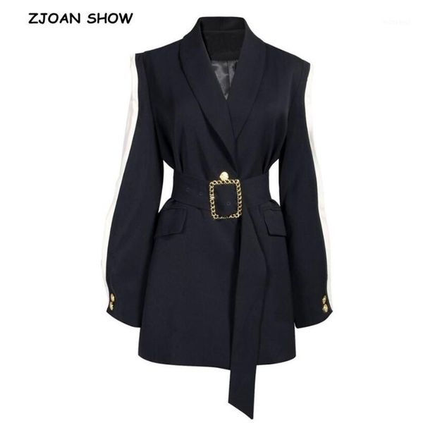 2020 new autumn long sleeve stitching ruffles black blazer with belt vintage korea women contrast color suit coat outwear1, White;black
2020 new autumn long sleeve stitching ruffles black blazer with belt vintage korea women contrast color suit coat outwear1, White;black