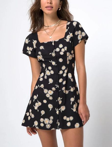 summer women small daisies print vintage dresses elegant casual button up mini dress square collar short sleeve female sund1, Black;gray
summer women small daisies print vintage dresses elegant casual button up mini dress square collar short sleeve female sund1, Black;gray