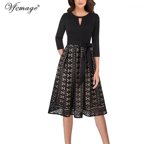 vfemage women autumn lace keyhole patchwork pocket belt pleated work office business casual party flare a-line skater dress 10311, Black;gray
